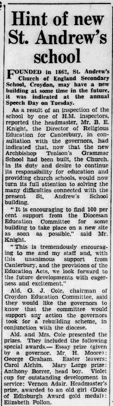 Hint of new St Andrew's school, article of November 1959